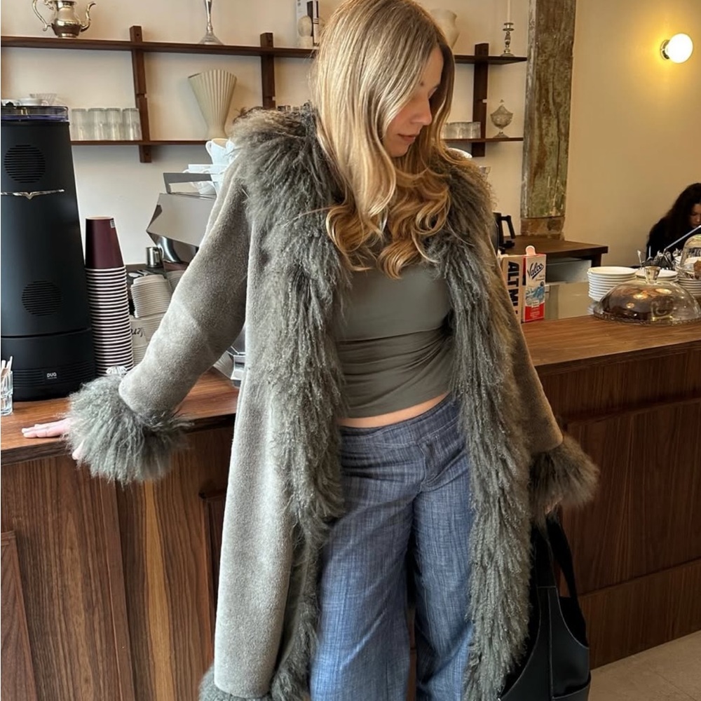 Charlotte Simone Faux Fur Trim Long Coat in Olive Green